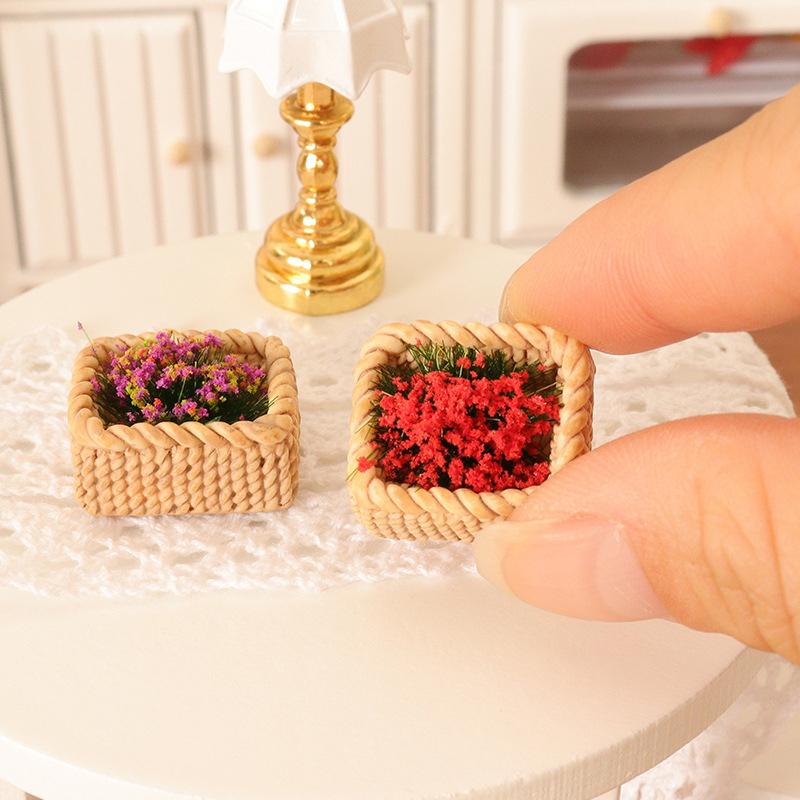 1:12 Dollhouse Miniature Bamboo Weaving Flower Basket Plant Ornament Mini Green Plant Pot Potted Garden Home Model Decor