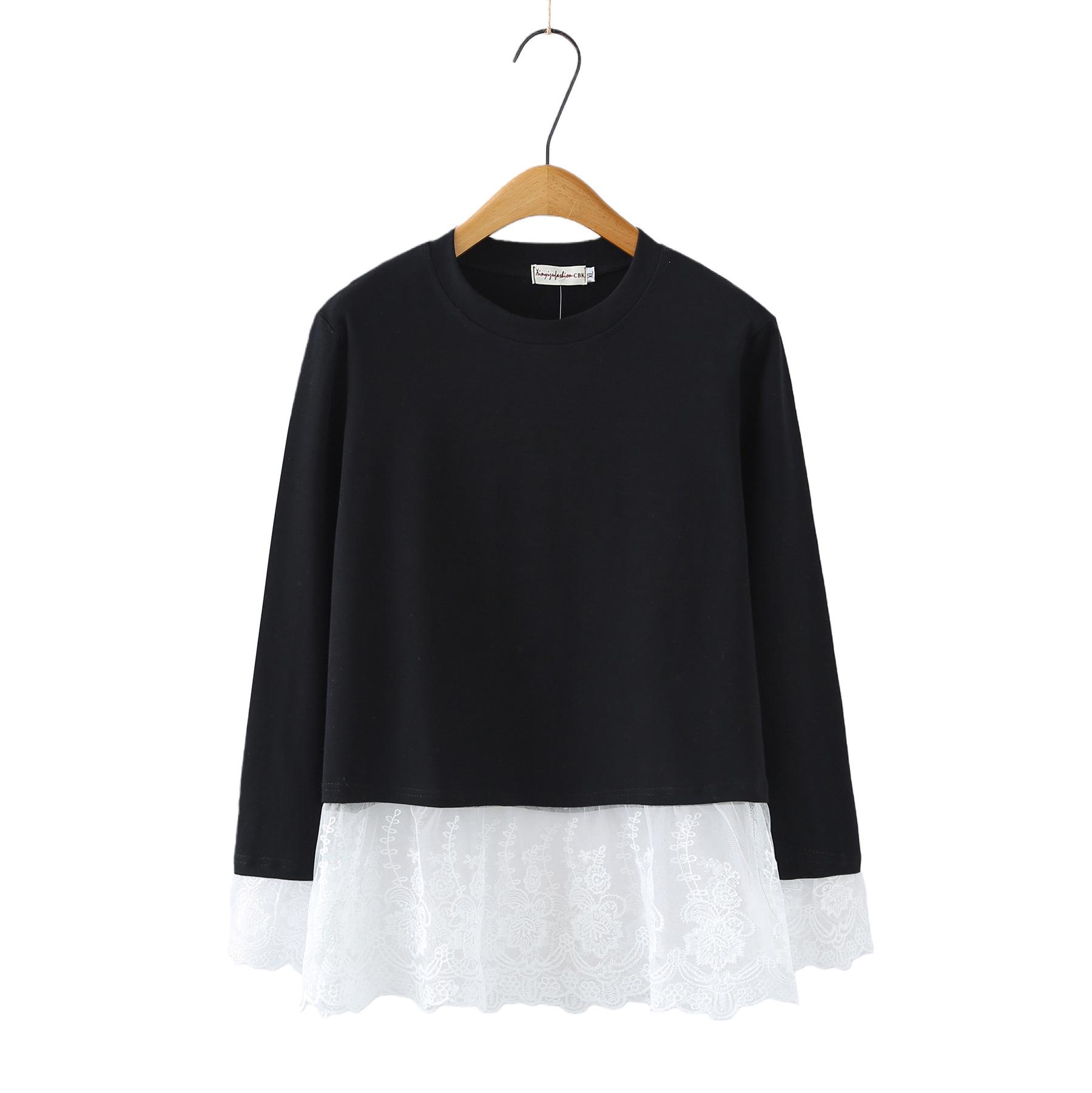 

Plus Size Lace Patchwork Long Sleeve Spring Top for Women 8610 2XL чорний