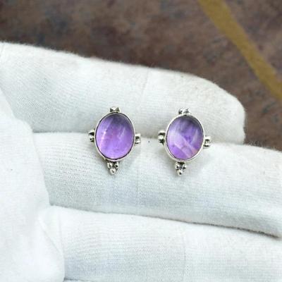 Brinco Oval de Prata de Lei 925 Sólida com Ametista Gema Brincos de Pino Designer Feitos à Mão Presente Para Ela