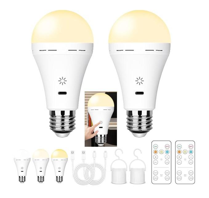 Rechargeable E26 Light Bulb with Remote Control and Three-Color Dimming for Wall and Table Lamps, No Power Source Required.