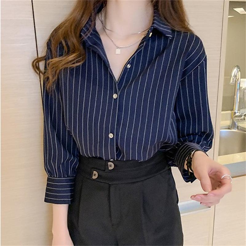 Women's Retro Striped Chiffon Shirt - Spring/Autumn 2025 Collection with Layered Lapel Design