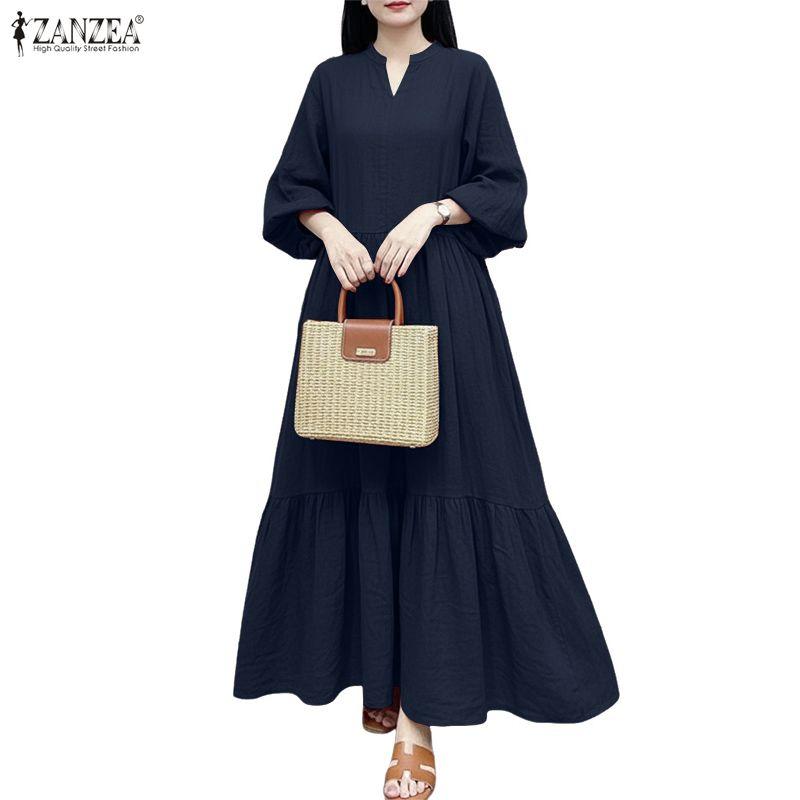 ZANZEA Women Casual V-Neck Long Sleeve Elegant Long Dress