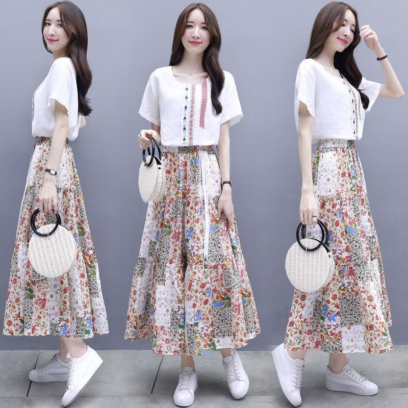 Skirt Suit Female Summer Suit Skirt Two-piece Round Neck Short-sleeved Shirt + A-line Skirt Sweet and Lovely Elegant Temperament