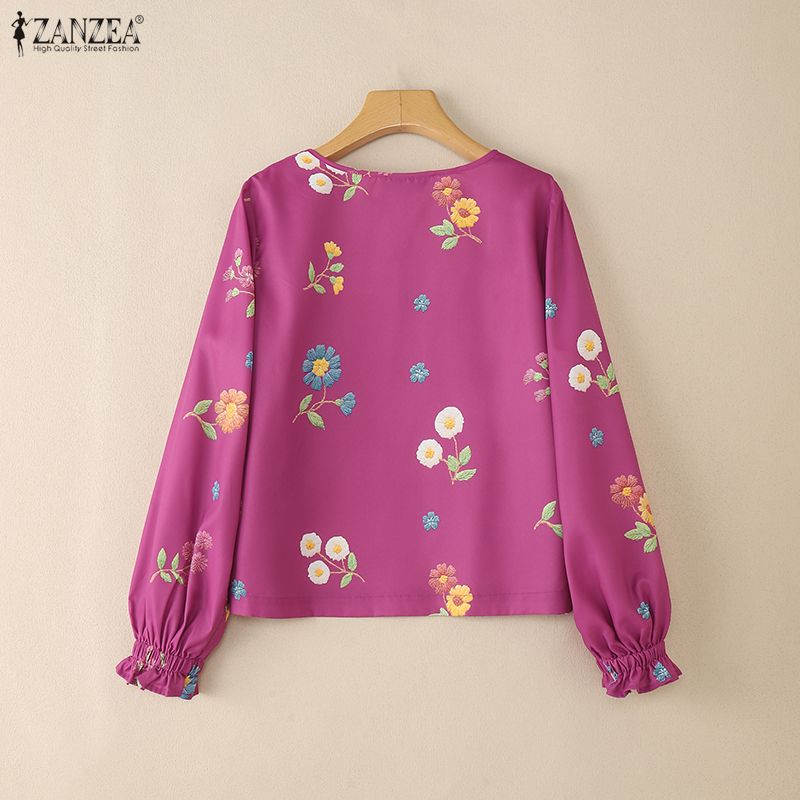 ZANZEA Women Casual Round Neck Long Sleeve Loose Print Blouse