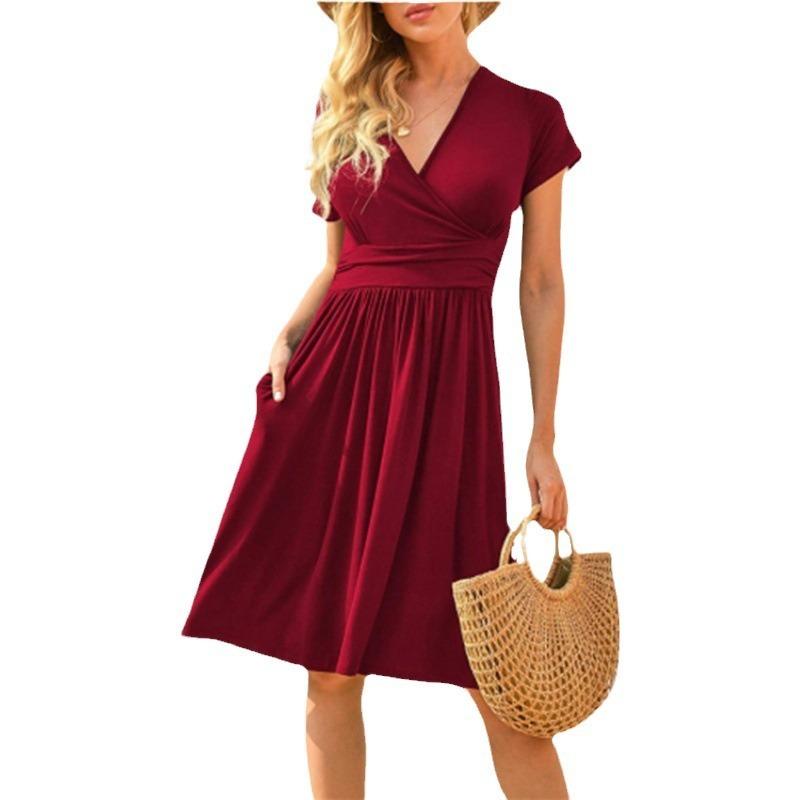 Fashionable New Women's Dress, V-neck Short-sleeved Printed Pockets, Elegant and Versatile