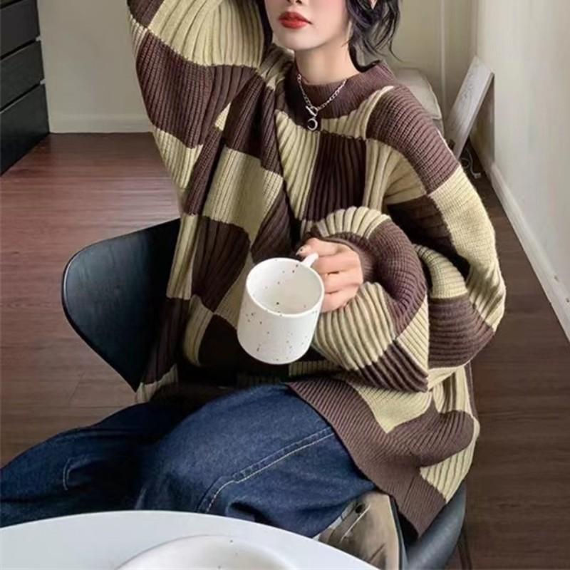 

Осенне-зимний дизайн, новый топ, свитер в клетку, женский большой, свободный, ленивый ветер, пуловер, вязаный свитер, куртка One Size кофейный