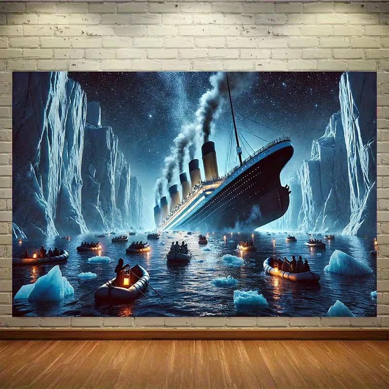 

2D RMS Titanic Banner, Historical Ship Disaster Scene with Lifeboats 47.2x31.5inch/120*80cm