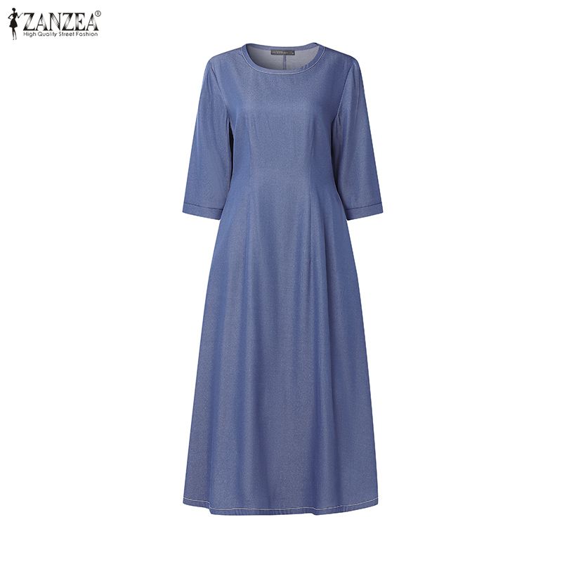 ZANZEA Women Casual Round Neck 3/4 Sleeve Loose Dress
