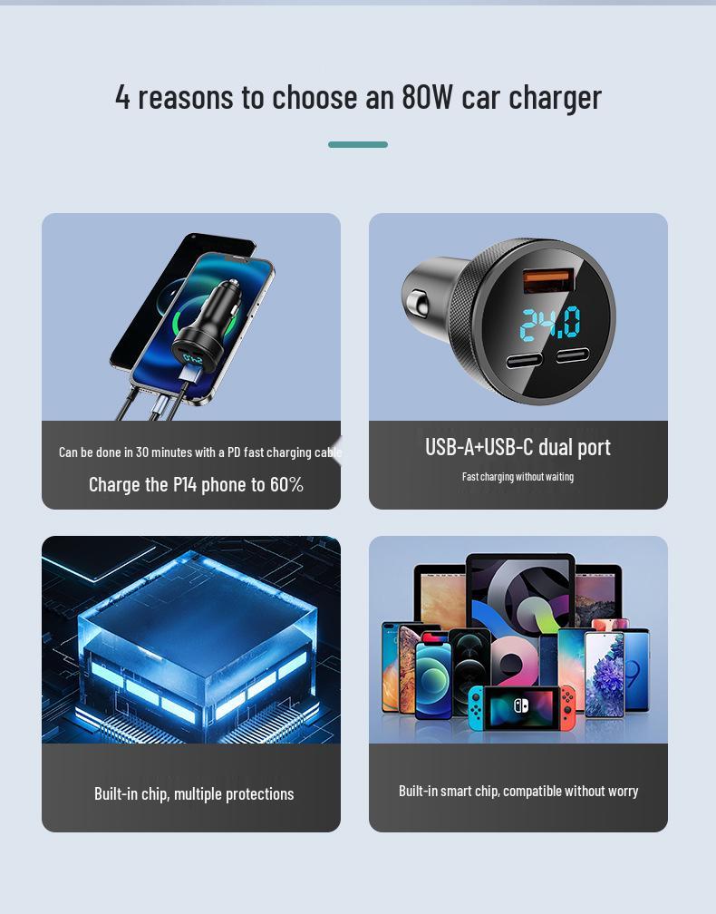 Metal Dual USB+Type-C Car Charger with Fast Charging for Huawei & Apple