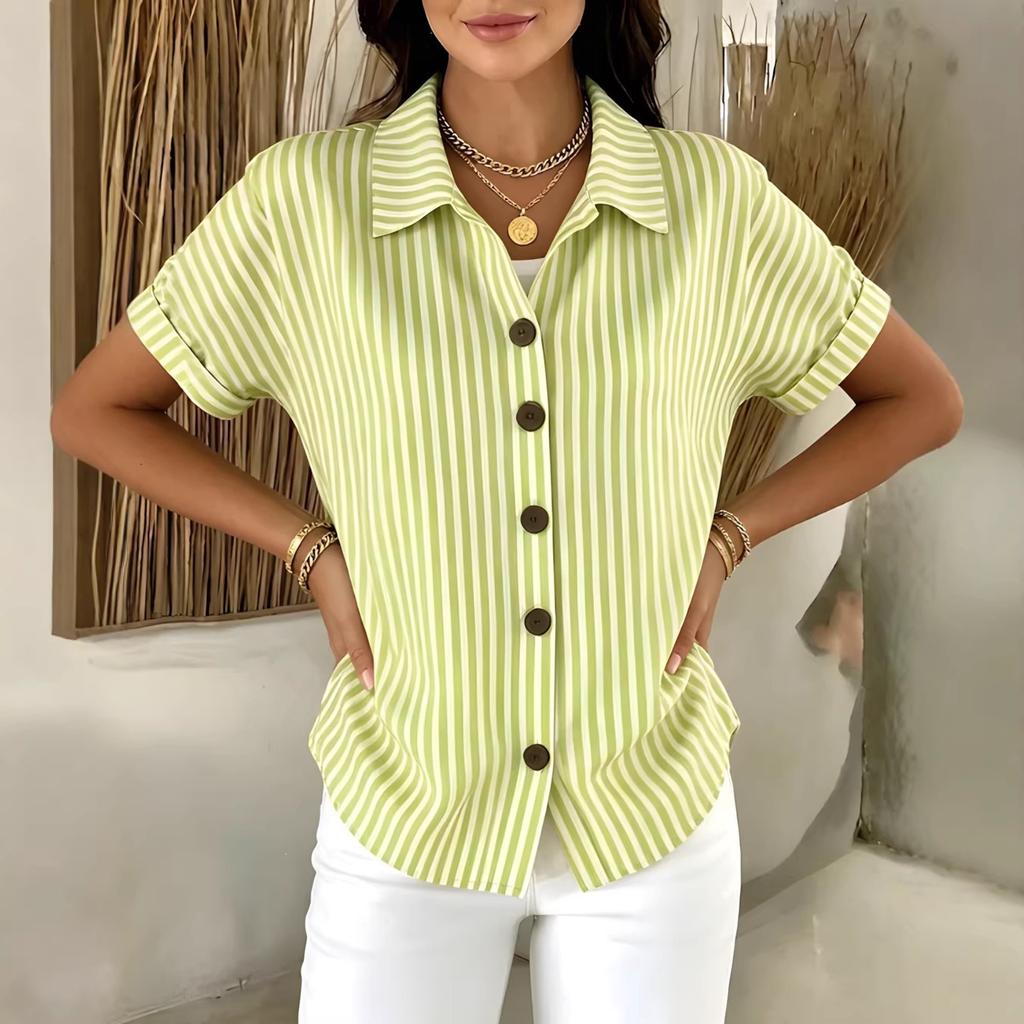 Women Casual Button Down Shirt Short Sleeve Striped Pattern Lightweight Relaxed Fit Blouse Suitable for Everyday Wear and Outdoor Activities