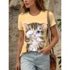 Womens Loose Fit Short Sleeve T-Shirt With 3D Digital Color Block Print Round Neck Casual Top