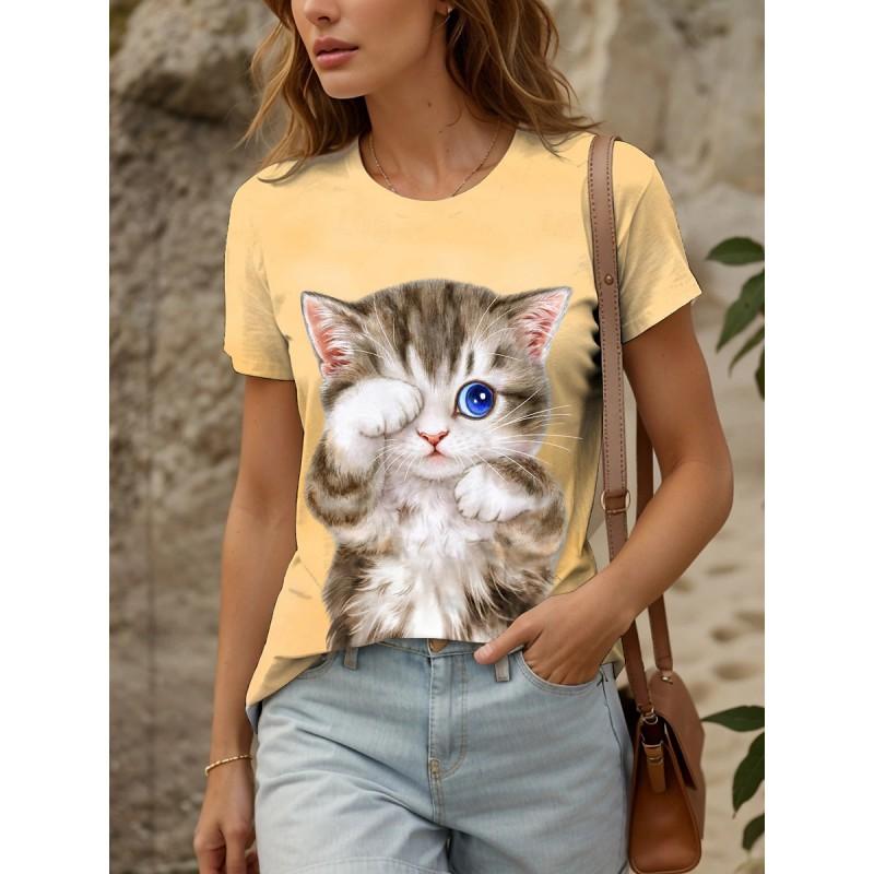 Womens Loose Fit Short Sleeve T-Shirt With 3D Digital Color Block Print Round Neck Casual Top