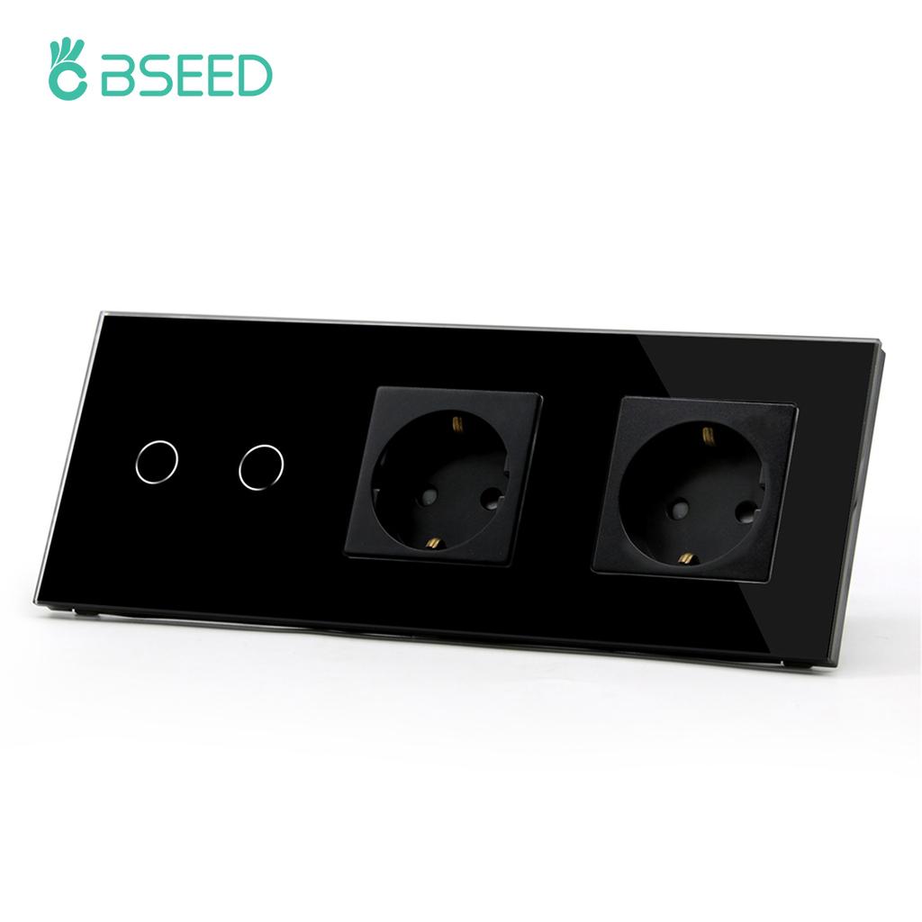 BSEED Touch Sensor Switch 1/2/3Gang 1Way Wall Light Switches Crystal Glass Switch With Double Power Sockets EU Standard