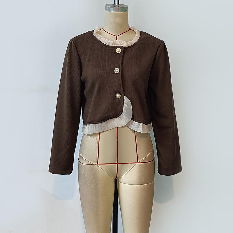 Spring and Autumn Women's Temperament Pure Color Ruffle Splicing Long Sleeve Jacket