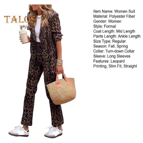 2 Pcs/Set Lady Formal Coat Pants Set Long Sleeves Leopard Print Lapel Cardigan Mid Length Jacket Straight High Waist Trousers Formal Business