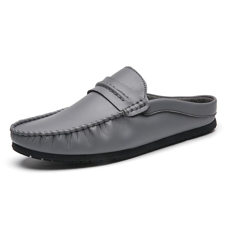 Summer Men'S Half Slippers Leather Slip On Shoes Lightweight Male Flats Casual Mules Moccasins Breathable Open-Back Loafers