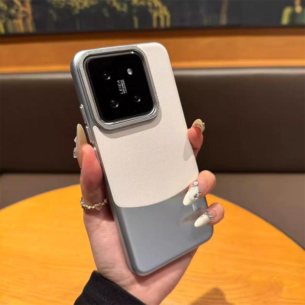 Luxury Double Color Plain Leather Matte Phone Case for Xiaomi 15 14 13 Pro Metal Lens Protection Splice Hybrid Shockproof Cover