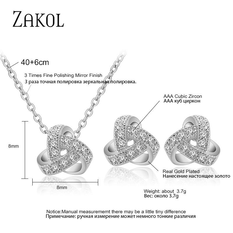 ZAKOL 3 Colors Fashion Bow Cubic Zirconia Necklace Earring Set for Women Girl Bridal Wedding Jewelry Sets Dress
