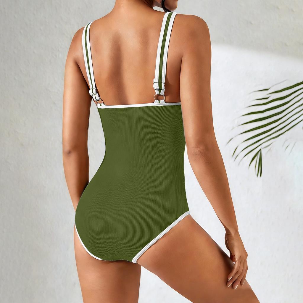Women Swimsuit Ribbed Scoop Neck Bathing Suit Trim Tank Style Monochrome Swimwear