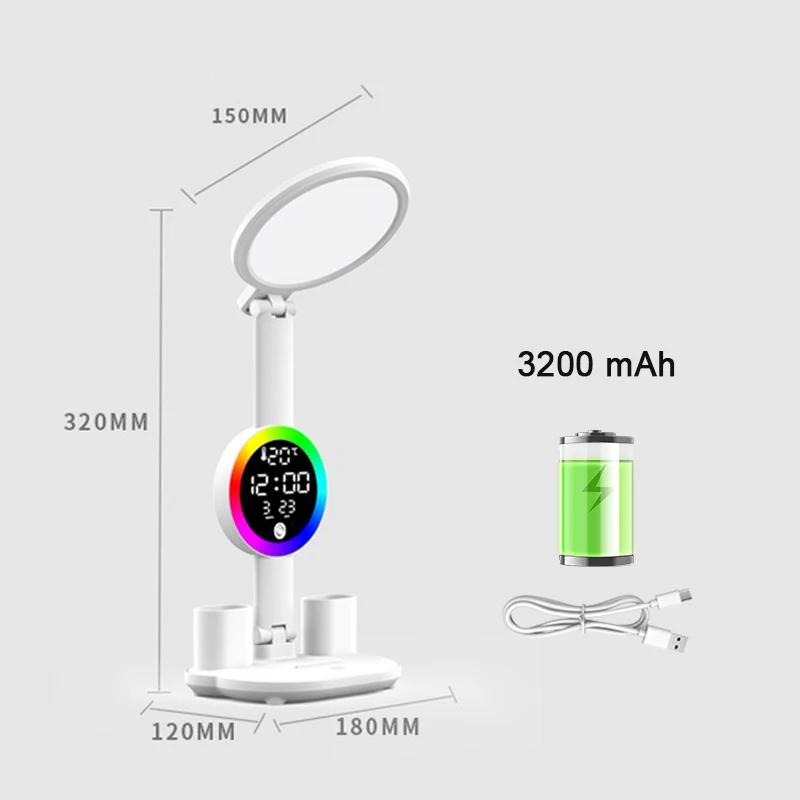 Dobíjecí stolní lampa na studium, Stolní lampa Světlo na čtení LED stolní světlo s ventilátorem, LED displej hodin Lampa na čtení