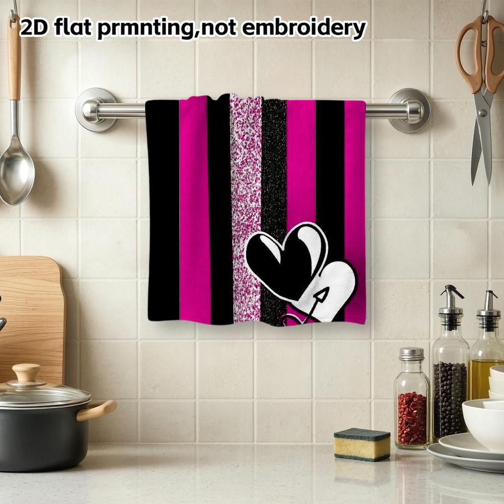 Quick Dry Absorbent Bath Towel, Pink Black Stripes And Heart Print, Soft Wash Towel