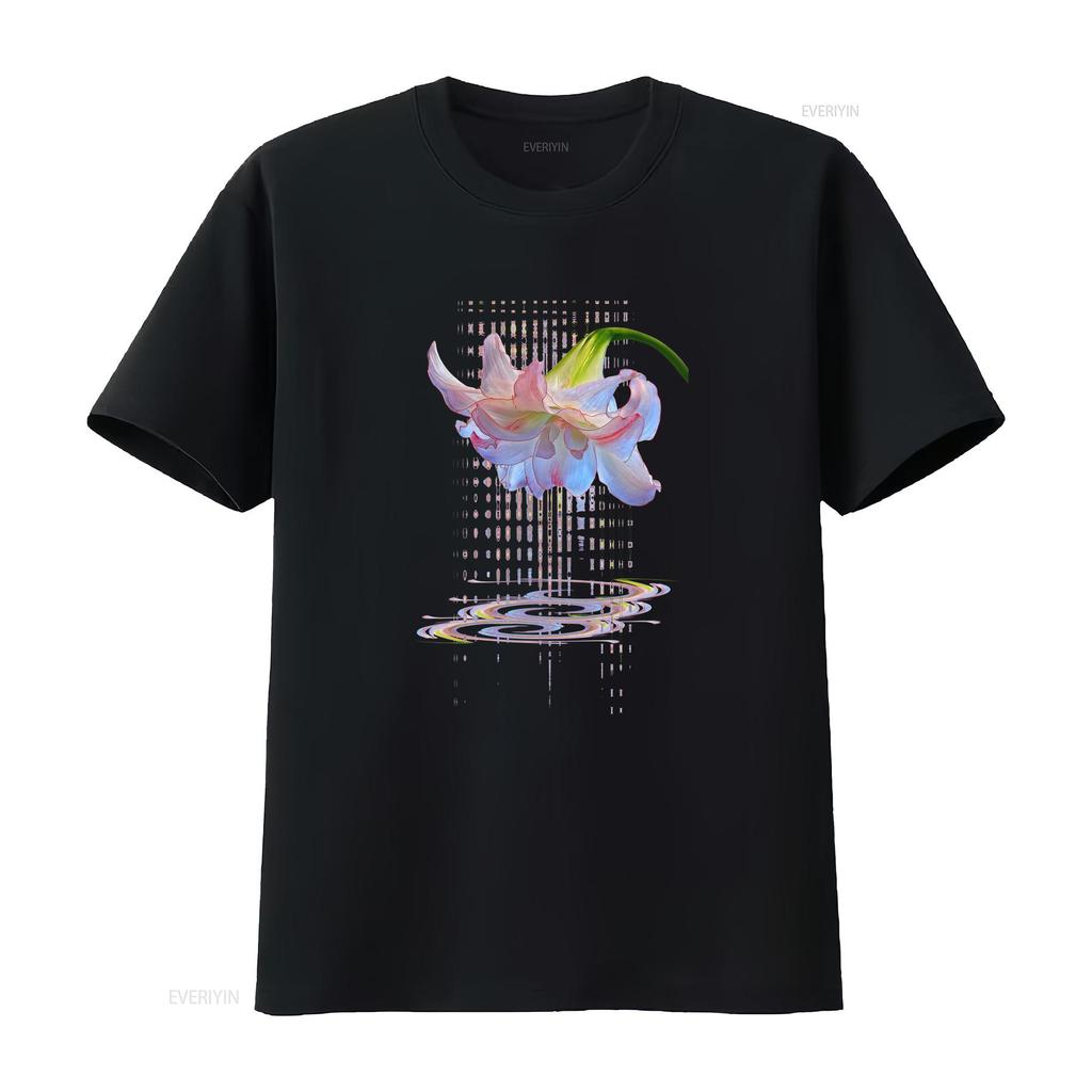Psychedelic Glitch Art Lily Flower Print Casual T Shirt Vintage Washed Comfortable Streetwear Versatile Fashion Stylish