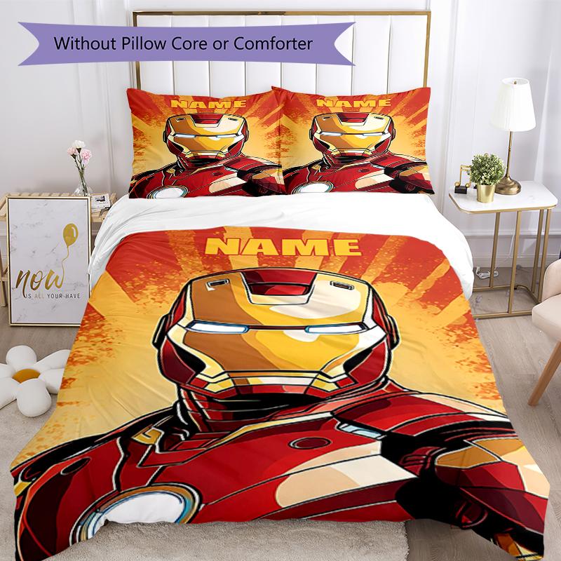 3pcs Custom Name Iron Man Bedding Set Duvet Cover Closure Includes 1 Duvet Cover & 2 Pillowcases, Soft and Comfortable for All Seasons.