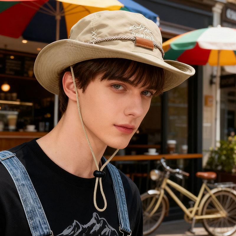 Khaki Outdoor Sun Hat For Men, Wide Brim, Sunscreen Hiking Hat, Adjustable Strap, Anti-Fall Fishing Hat