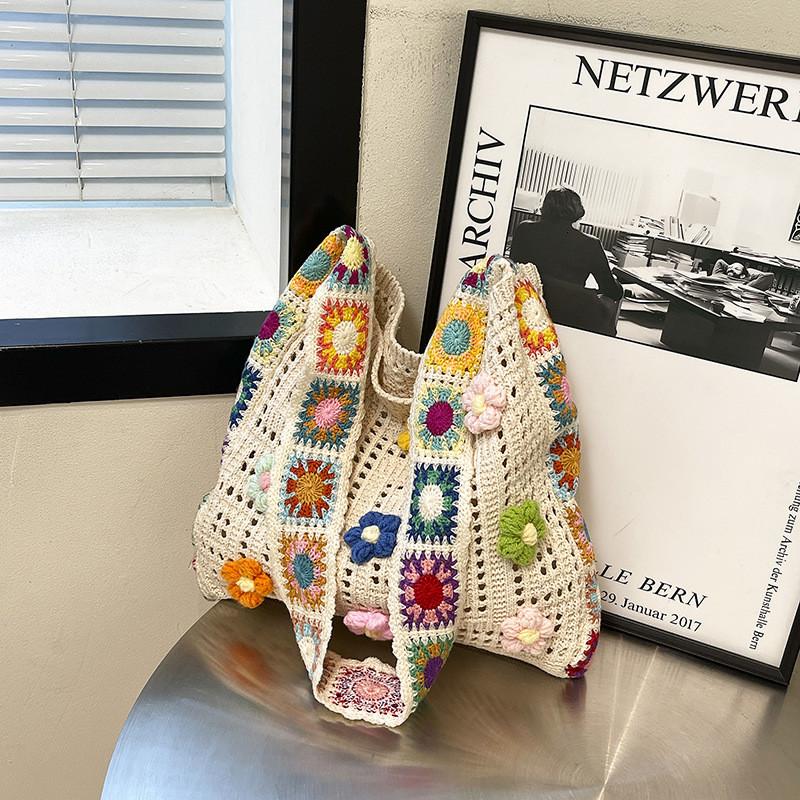 Boho Stijl Handgemaakte Strandtas Met Bloemenversiering Voor Dagelijks Gebruik