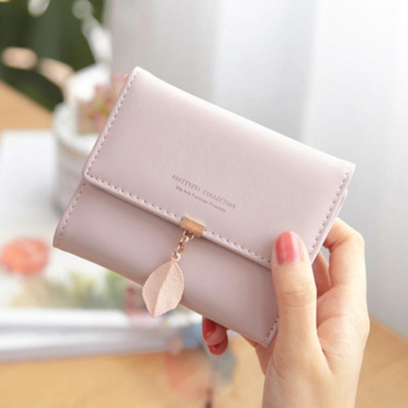 Women Wallets Leaf Pendant Fresh Style Multi-Card Short Wallet, Card Holder, Leather Clip, Coin Purse