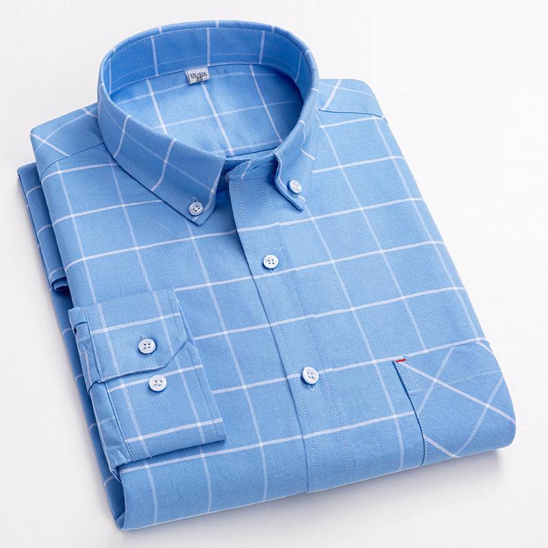 New Pure Cotton Business Men Oxford Shirt Long Sleeve Casual Plaid Striped with Chest Pocket Non-iron Autumn Spring