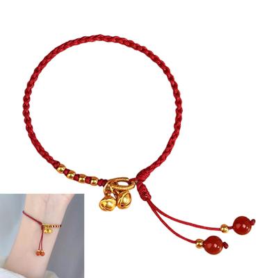 Adjustable Braided Red String Bracelet Featuring Red Agate Bead and Bell Charm for Cultural Styles Jewelry