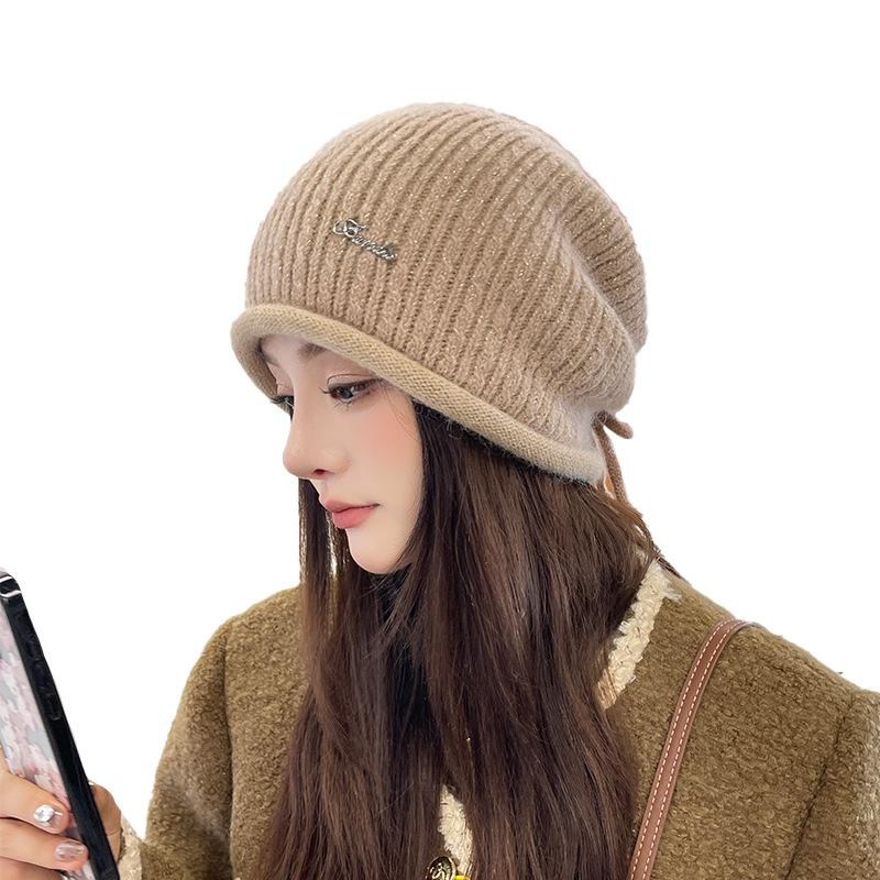 Großer Kopf um das Gesicht Kleiner Hut Damen Herbst und Winter Lockere Schwarze Mütze Vielseitig Warme Strickmütze Einheitsgröße Beige