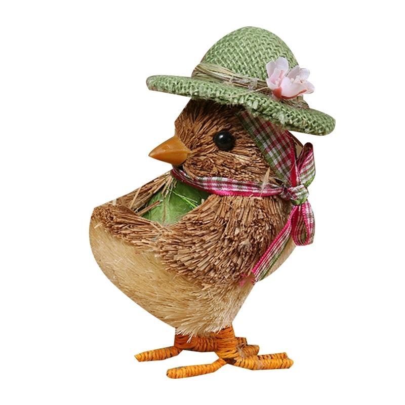 24TE Handmade Straw Small Duck Chick Figurine with Bowknot Weaving Animal Statue Ornament Easter Home Garden Wedding Party