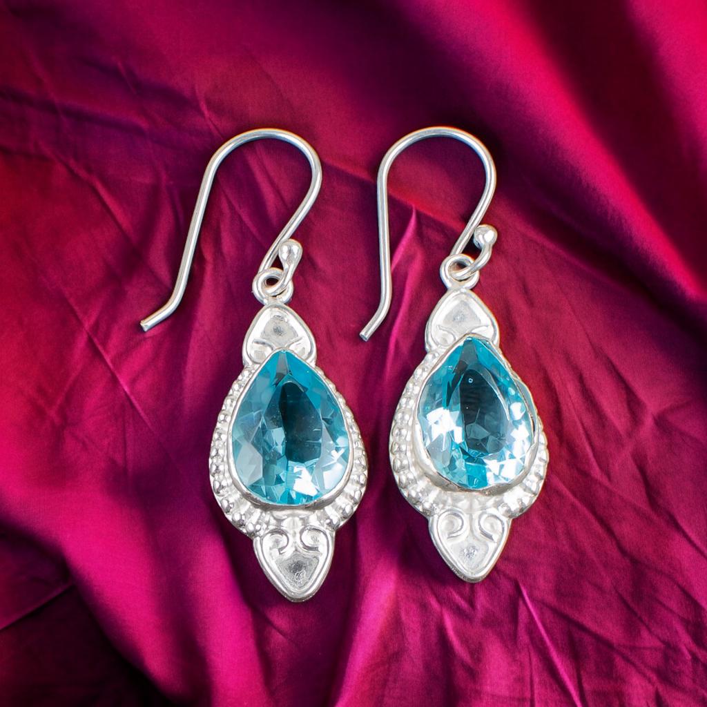 Sky Blue Topaz Gemstone 925 Sterling Silver Jewelry Handmade Hook Earrings 1.80" EE-42-2