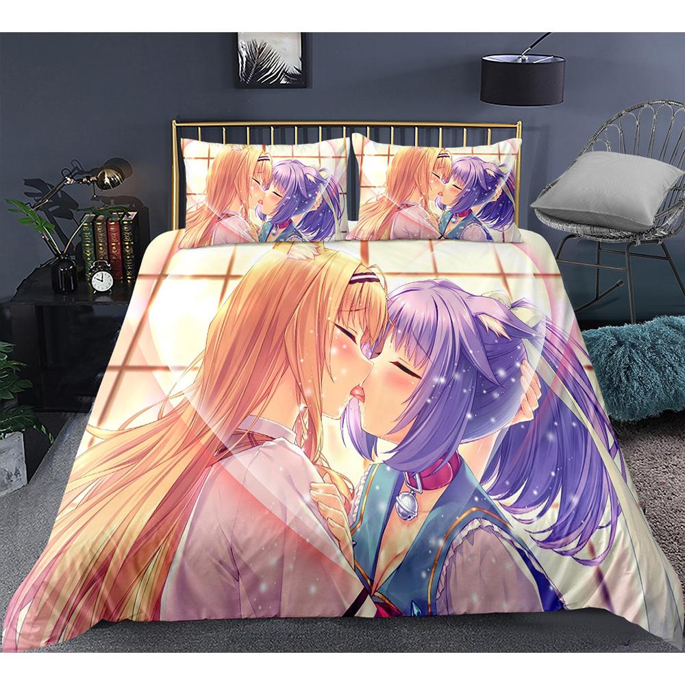 Cute Anime Cat Maid Pattern NEKOPARA 3pcs Bedding Set Game Printing Duvet Cover and Pillowcase Bedroom Decorate for Otaku Teens