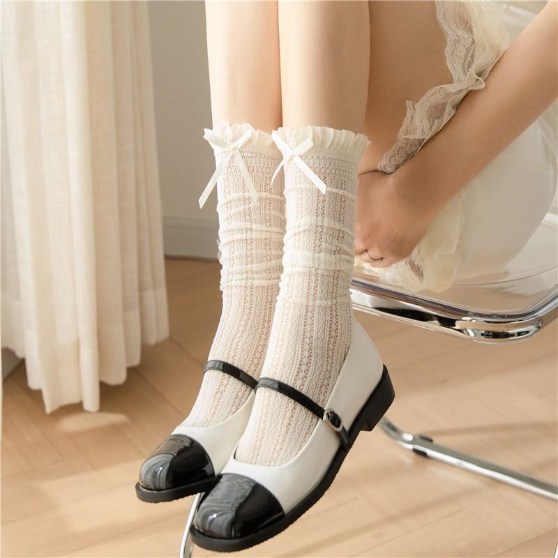 New Children Lace Stockings Bow Girl Calf Socks Summer Thin Breathable Design Beige Children Mid Tube Socks