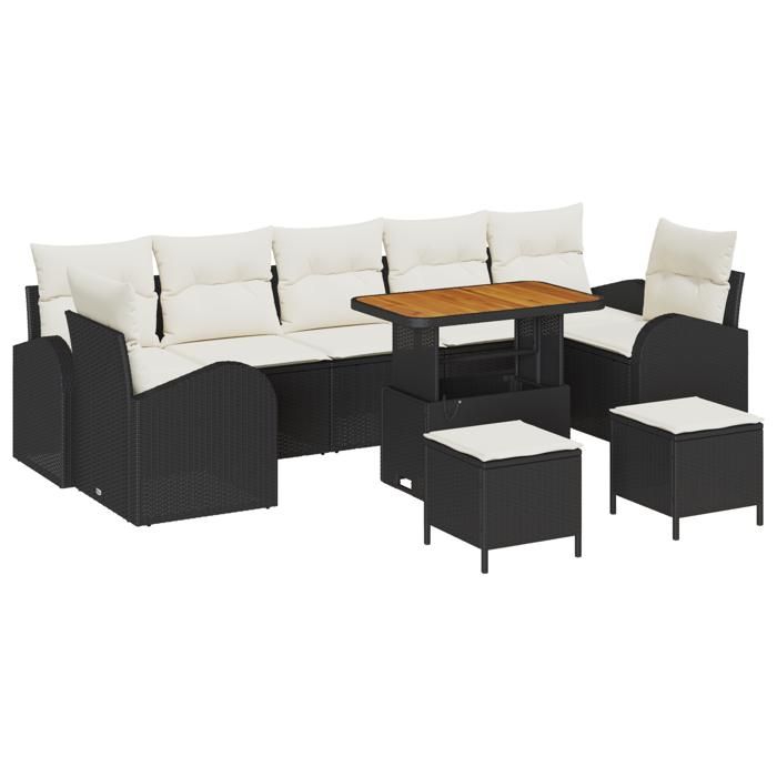 Ensemble de Canapé de Jardin 10 Pièces Noir Rattan Poly Acacia, Canapé de Jardin 2 Places Noir Rattan Poly, Ensemble 3362380