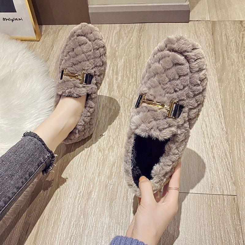 Winter new Doudou shoes fluffy shoes wear flat-bottomed velvet cotton shoes thick-soled bow cotton shoes low-top warm shoes