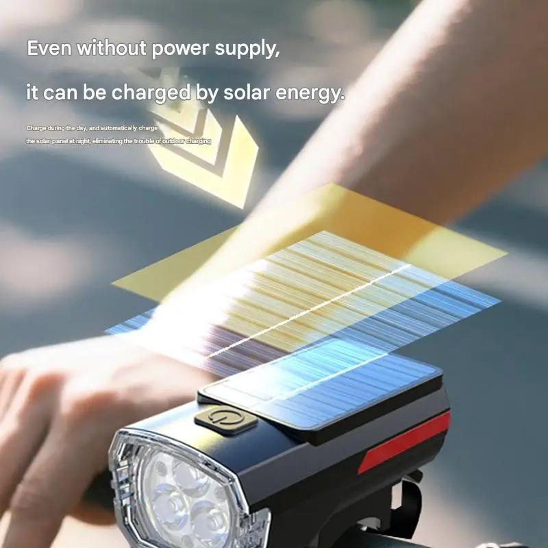 Bicycle Head Light Solar Type-C Rechargeable 3 Modes Bicycle LED Front Light Bike Flashlight for Emergency Cycling Accessoreis