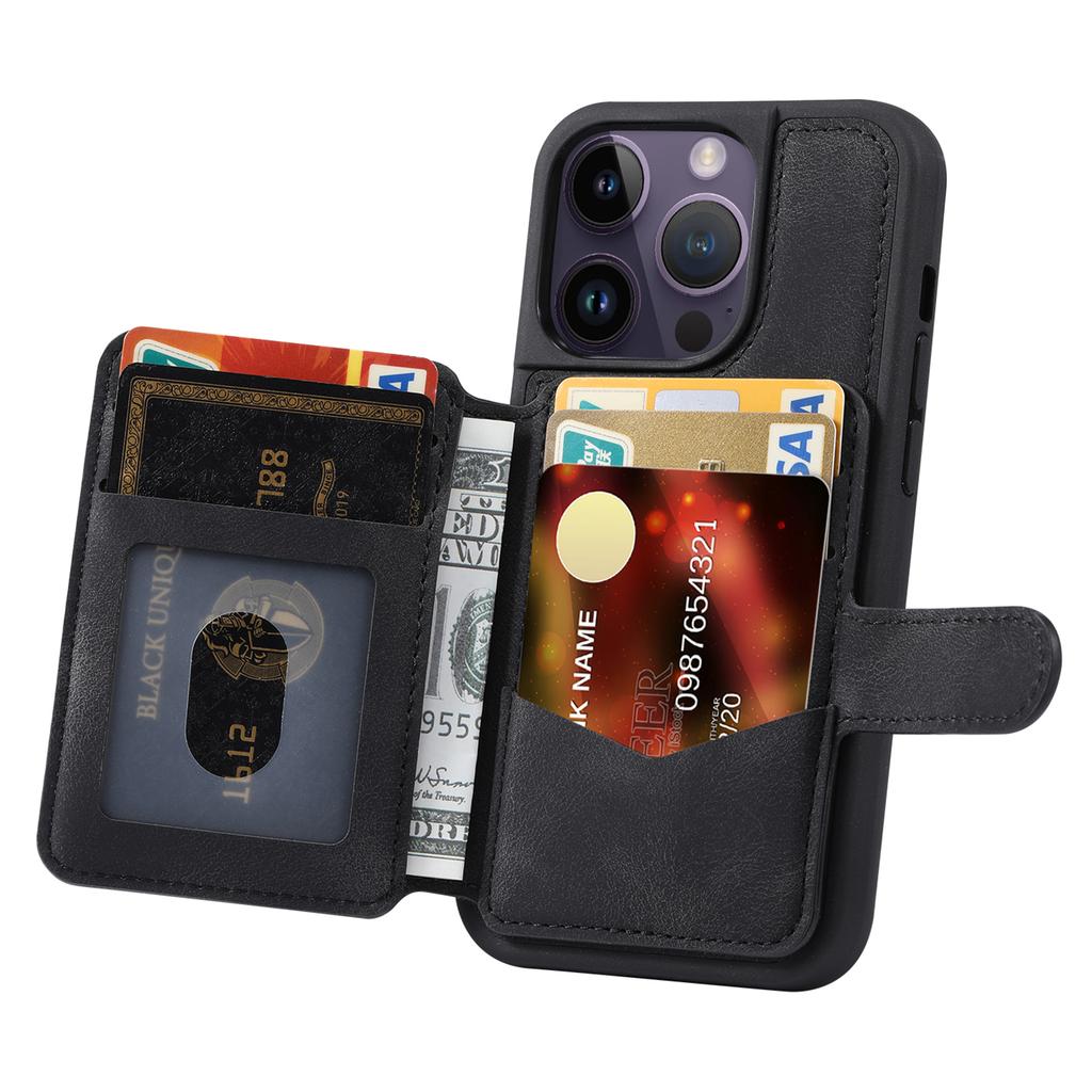 For iPhone 13 Pro RFID Blocking Phone Case Leather Coated TPU Cover with Wallet Kickstand