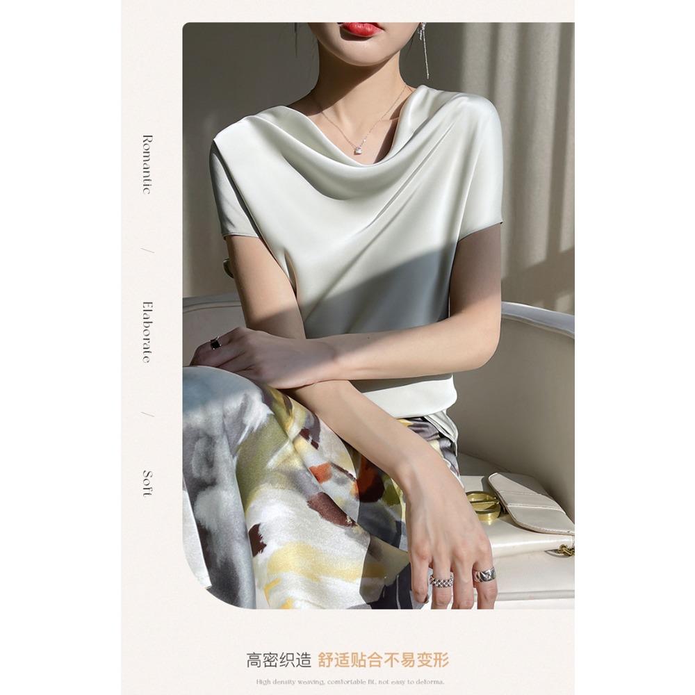 Top Corto da Donna in Seta Raso Primavera Estate, T-shirt Elegante Semplice a Manica Corta con Colletto alla Francese, Blusa Casual Taglie Forti