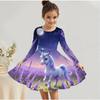 Mädchen Freizeitkleid mit 3D-Einhorn-Print, Rundhalsausschnitt, lange Ärmel, Kinder Prinzessinenkleid