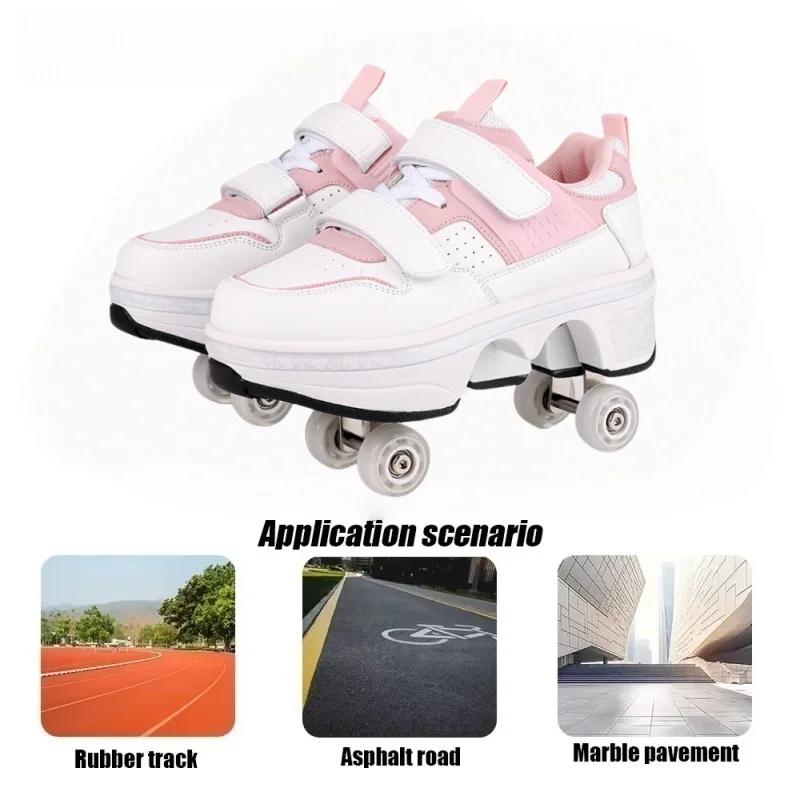 2 In 1 Removable Pulley Skate Skating Parkour 2025 New Pulley Shoes with 4 Wheels Racing Roller Skate Shoes for Kids Sneaker