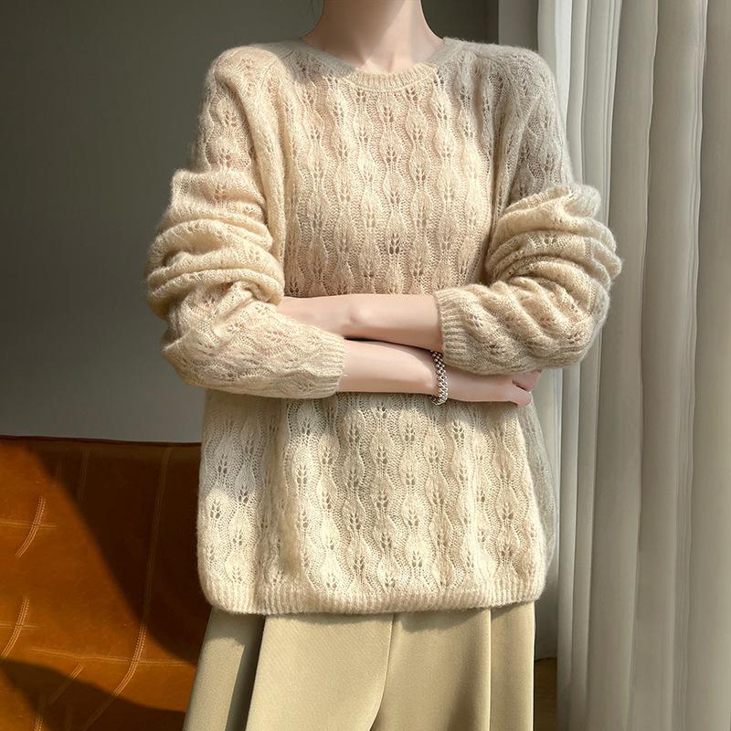 Crochet Hollow Knit Cashmere Sweater - Women's Autumn/Winter Round Neck Loose Fit