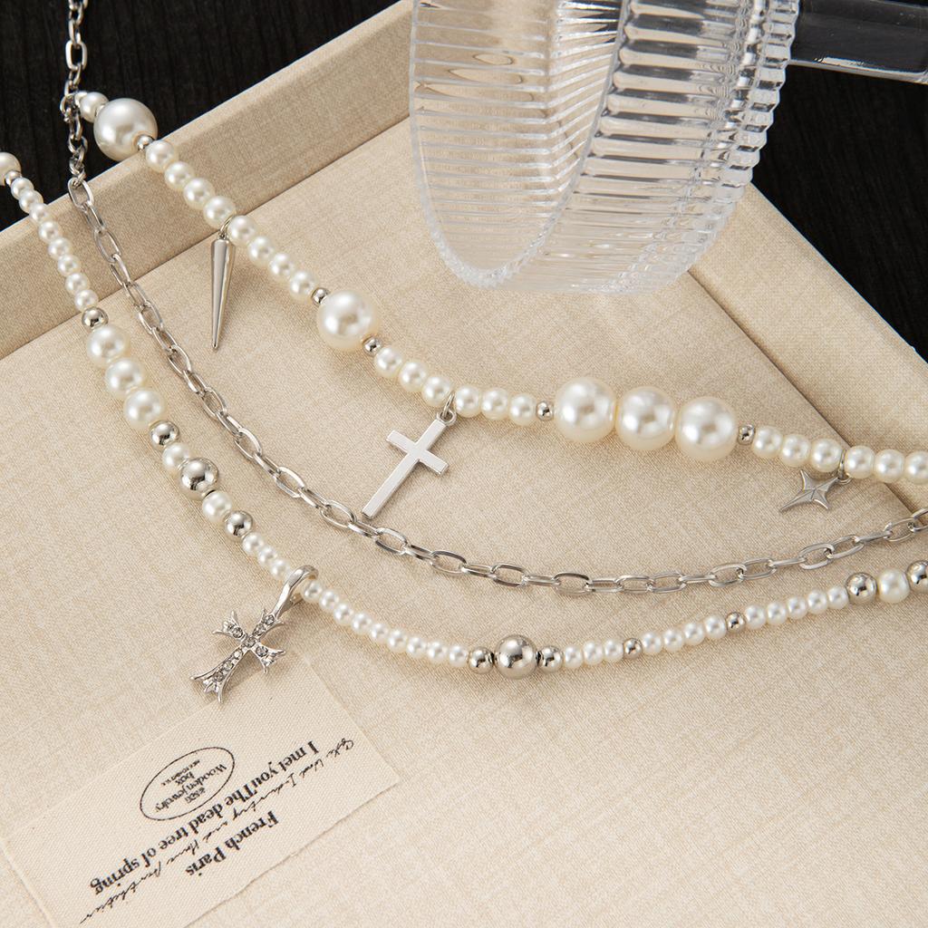 French Light Luxury Sweet Necklace Multi-Layer Pearl Cross Beaded Neck Chain Girlish Temperament High-End Necklace