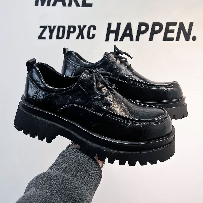 2025 New Brown Leather Men Trendy American Style Height-Increasing Chunky Stylish Thick Sole Hot-Selling Derby Shoes
