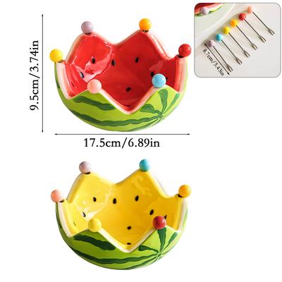 1 Set of 7pcs Including 6 Forks Ceramic Watermelon Bowls,Stainless Steel Dessert and Cocktail Forks , Portable Pastry Utensils Suited To Family