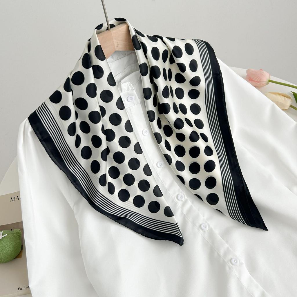 Luxury Black White Polka Dot Square Scarf Elegant Style Thin Silky Neck Scarf Casual Decorative Hairband For Women