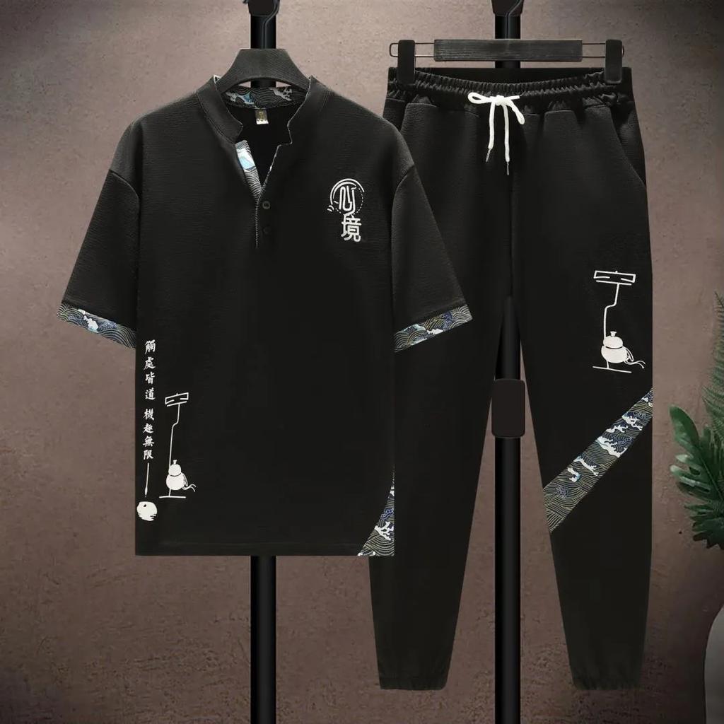 Ice Silk Two-piece Men's Casual Suit Summer Nine-point Pants Embroidered Short-sleeved T Sports Suit